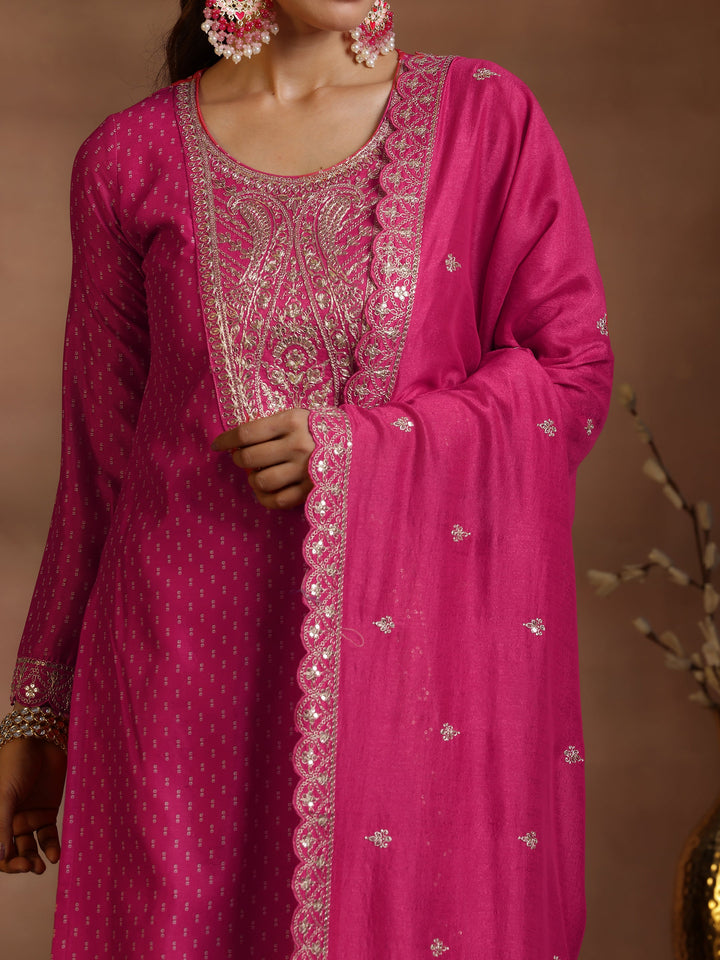 Pink Printed Silk Blend Straight Suit With Dupatta