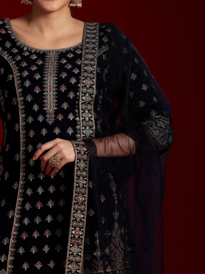 Libas Art Blue Embroidered Georgette Straight Suit With Dupatta