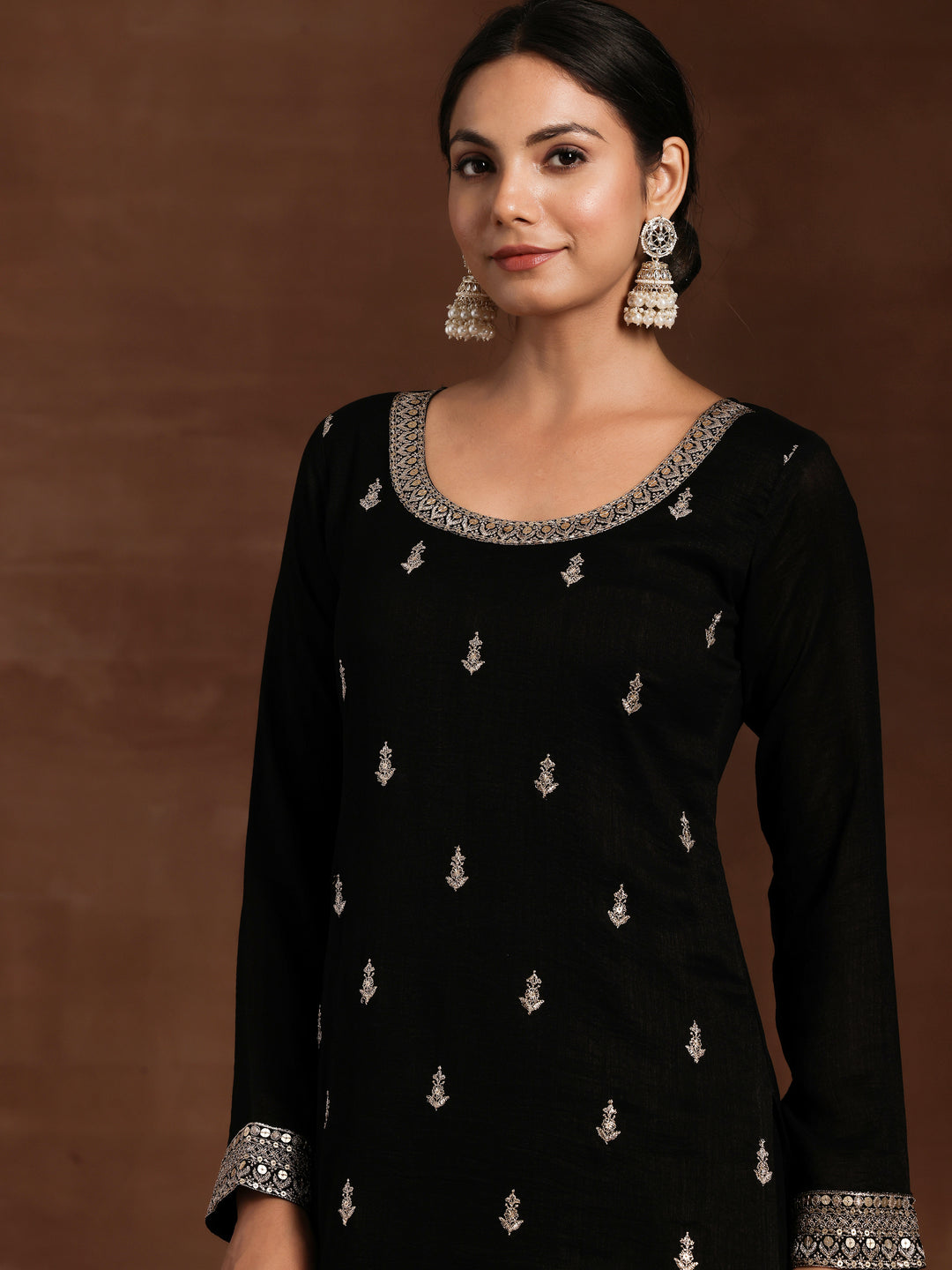 Black Embroidered Silk Blend Straight Suit With Dupatta