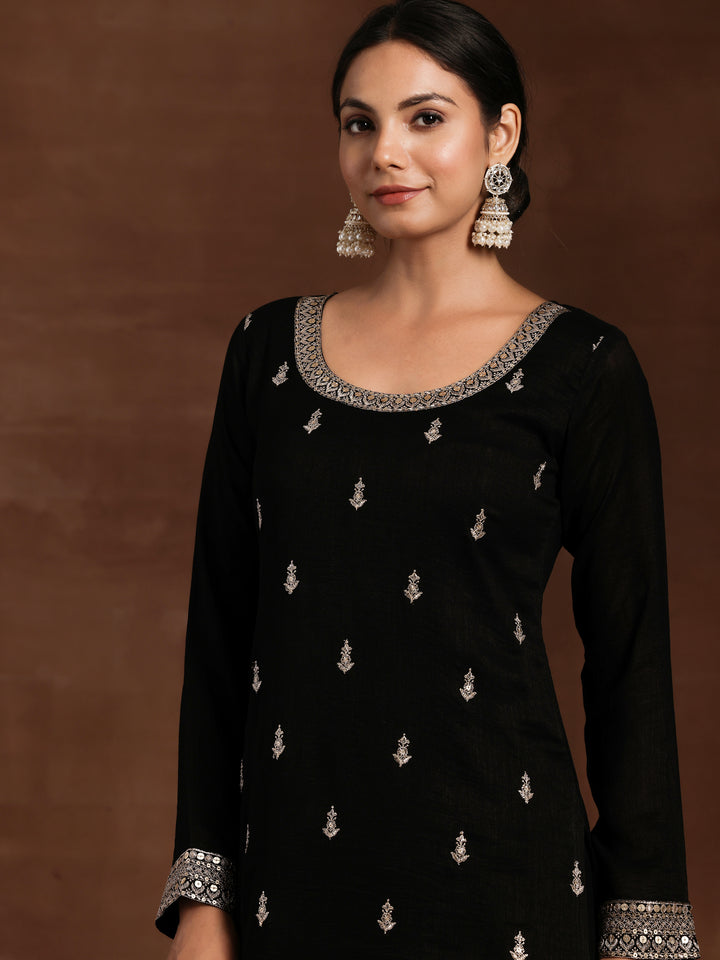 Black Embroidered Silk Blend Straight Suit With Dupatta