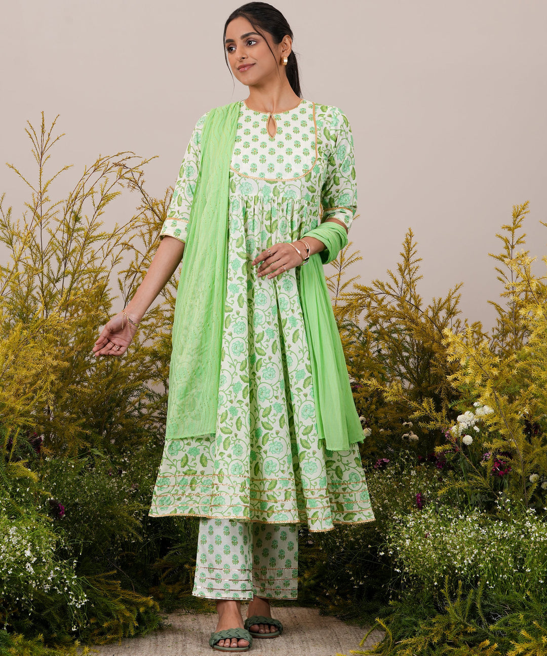 Green Yoke Design Cotton Anarkali Kurta With Trousers & Dupatta - ShopLibas