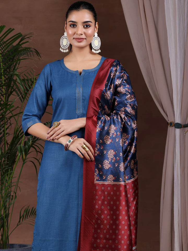 Navy Blue Solid Cotton Blend Straight Suit With Dupatta