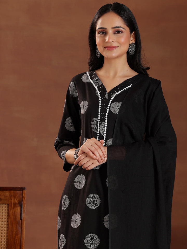 Black Printed Cotton Straight Suit With Dupatta