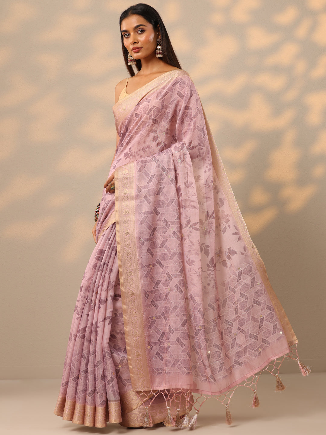 Mauve Printed Silk blend Saree With Unstitched Blouse Piece
