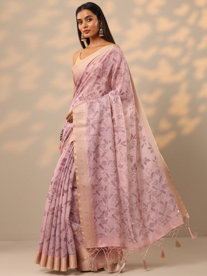Mauve Printed Silk blend Saree With Unstitched Blouse Piece
