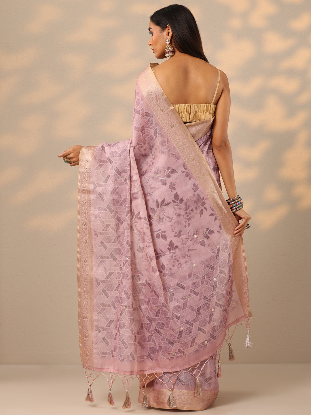 Mauve Printed Silk blend Saree With Unstitched Blouse Piece