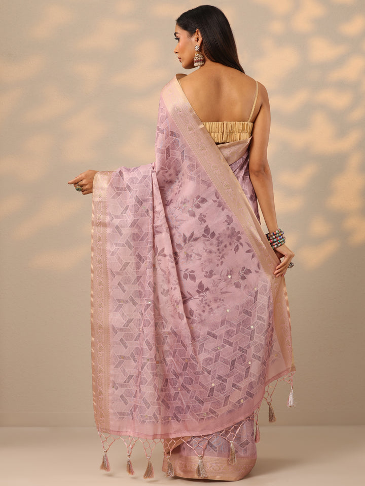 Mauve Printed Silk blend Saree With Unstitched Blouse Piece
