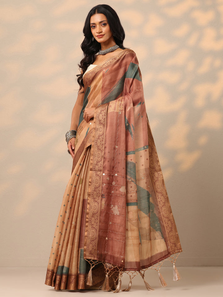 Peach Printed Silk blend Saree With Unstitched Blouse Piece
