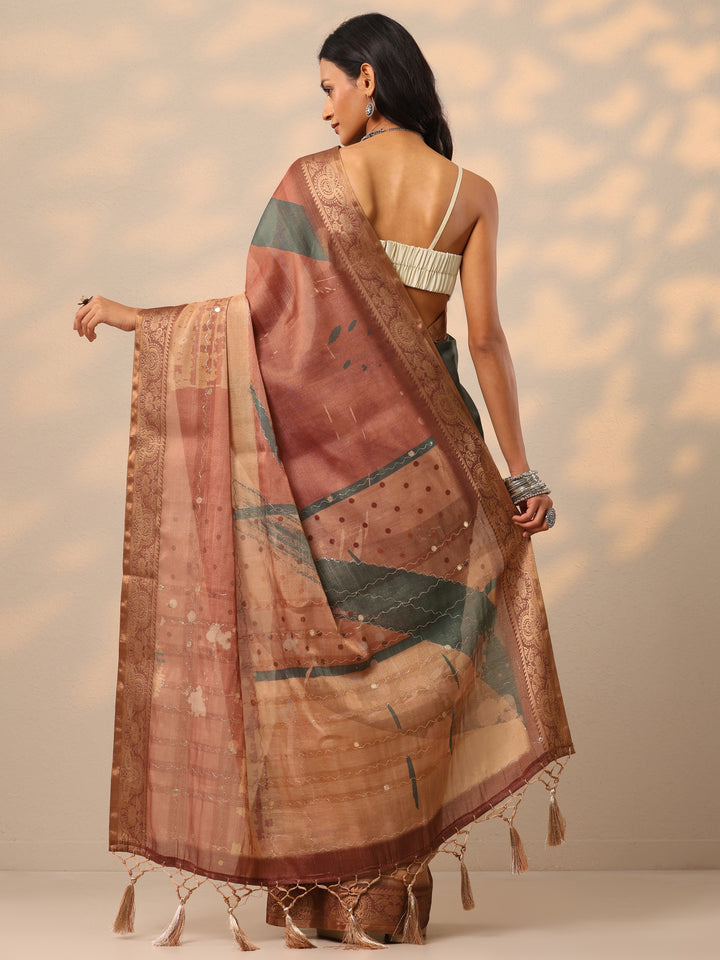 Peach Printed Silk blend Saree With Unstitched Blouse Piece