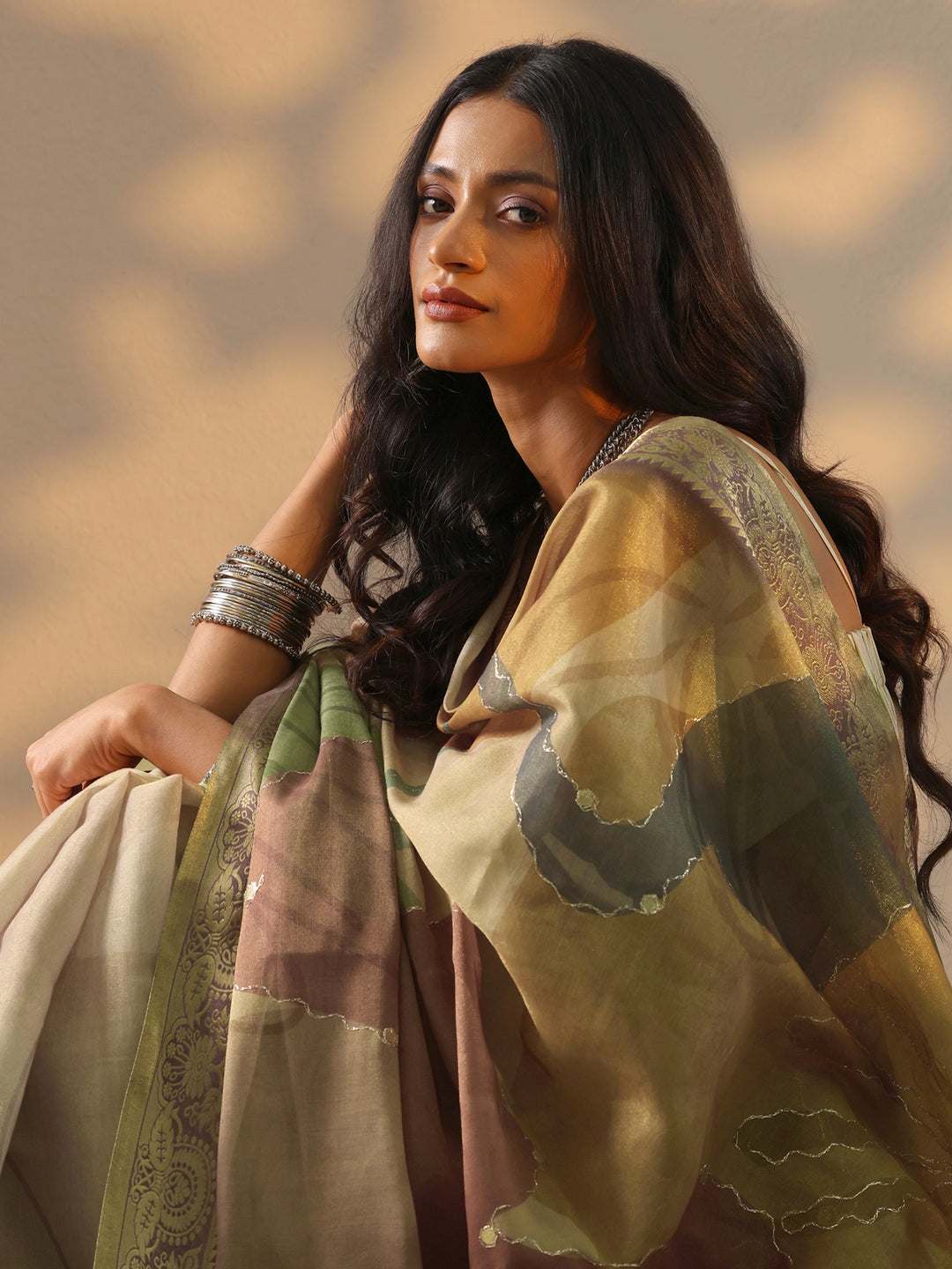 Tan Printed Silk blend Saree With Unstitched Blouse Piece