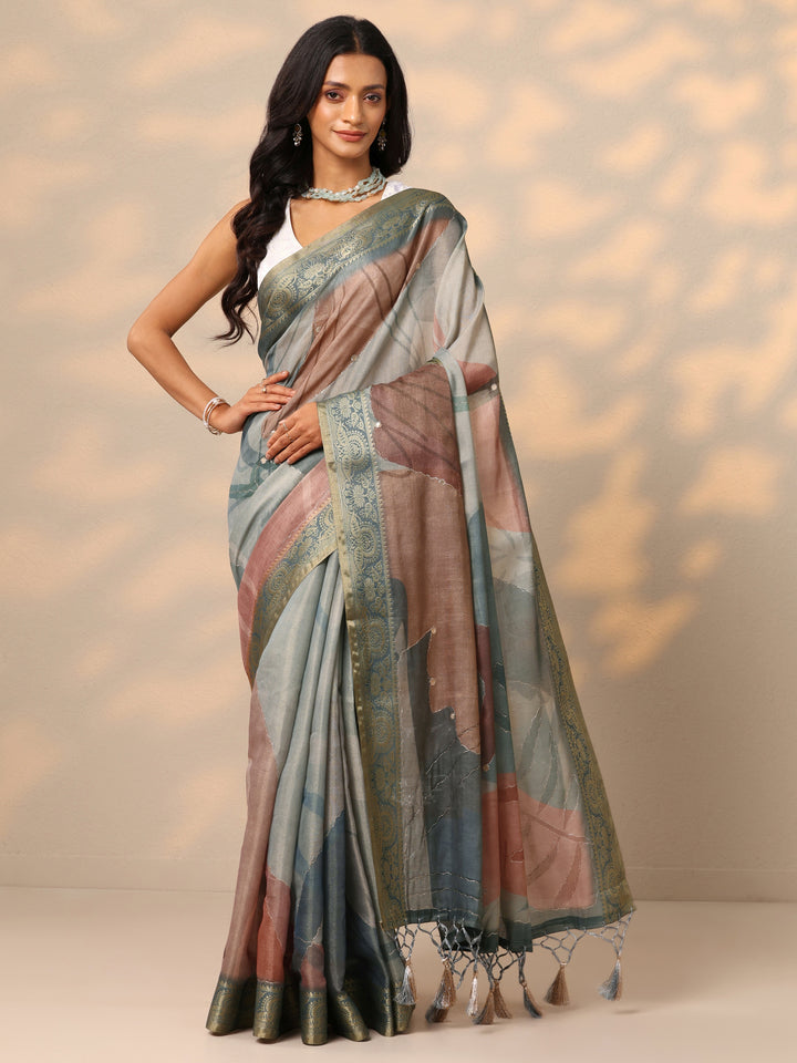 Blue Printed Silk Blend Saree With Unstitched Blouse Piece