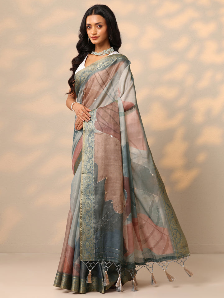 Blue Printed Silk Blend Saree With Unstitched Blouse Piece