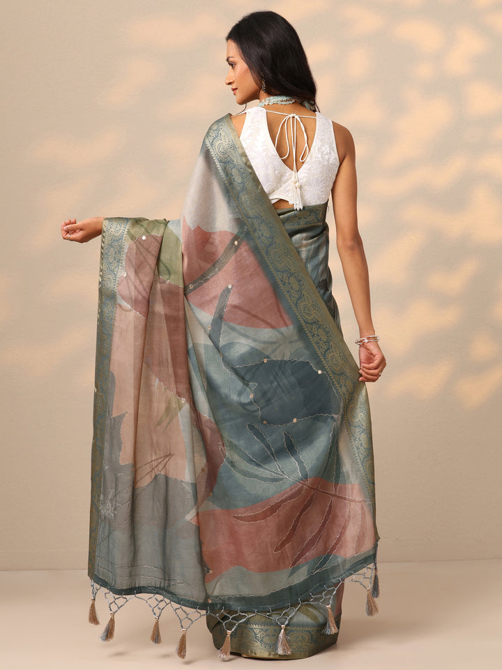 Blue Printed Silk Blend Saree With Unstitched Blouse Piece