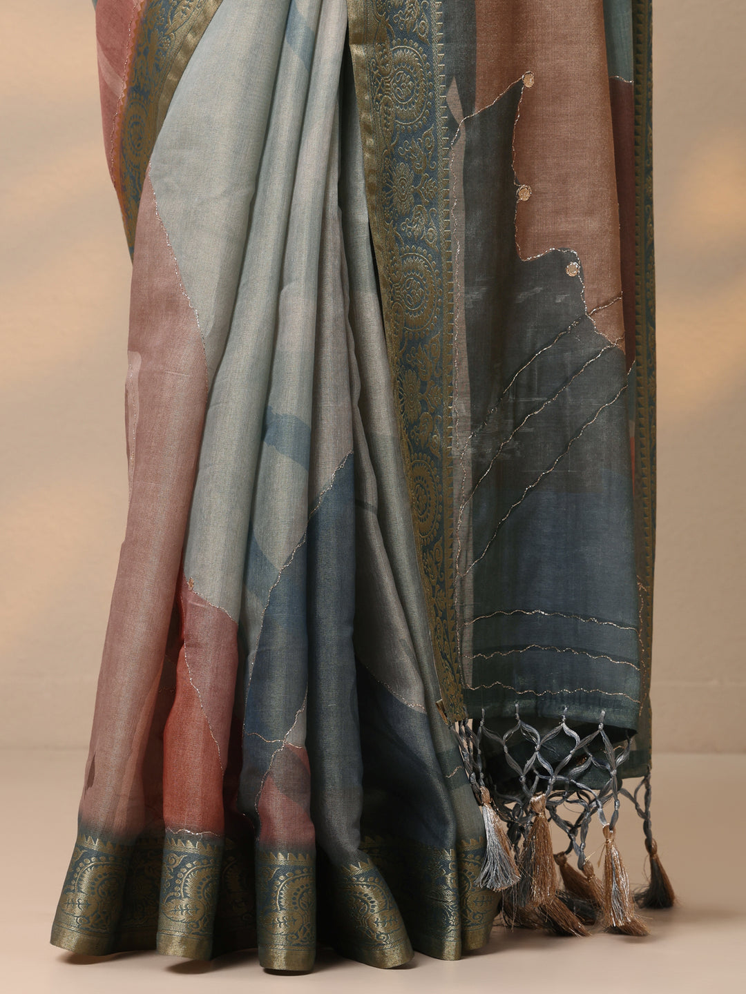 Blue Printed Silk Blend Saree With Unstitched Blouse Piece