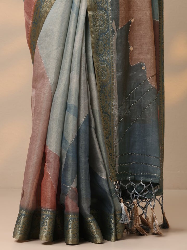 Blue Printed Silk Blend Saree With Unstitched Blouse Piece