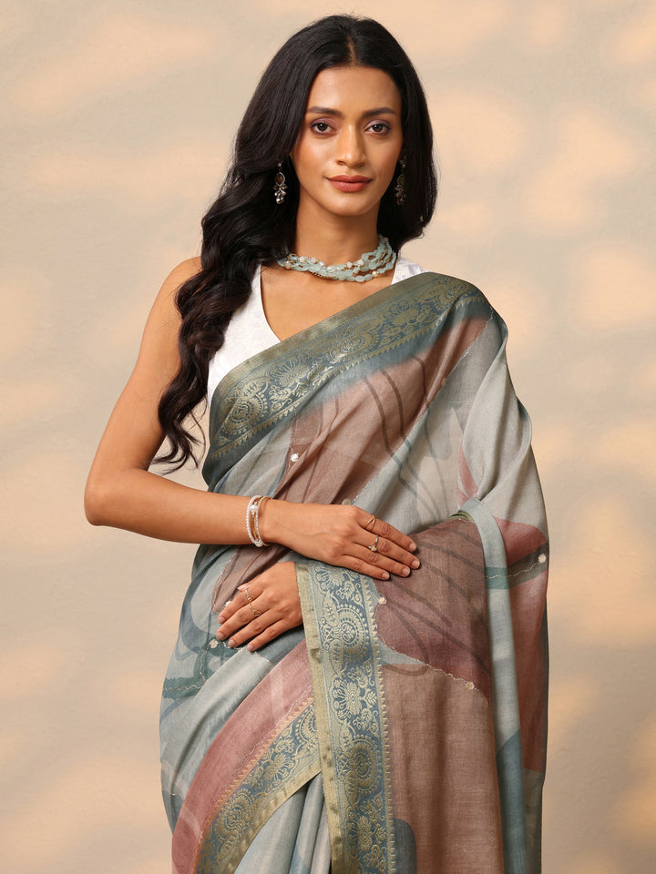 Blue Printed Silk Blend Saree With Unstitched Blouse Piece