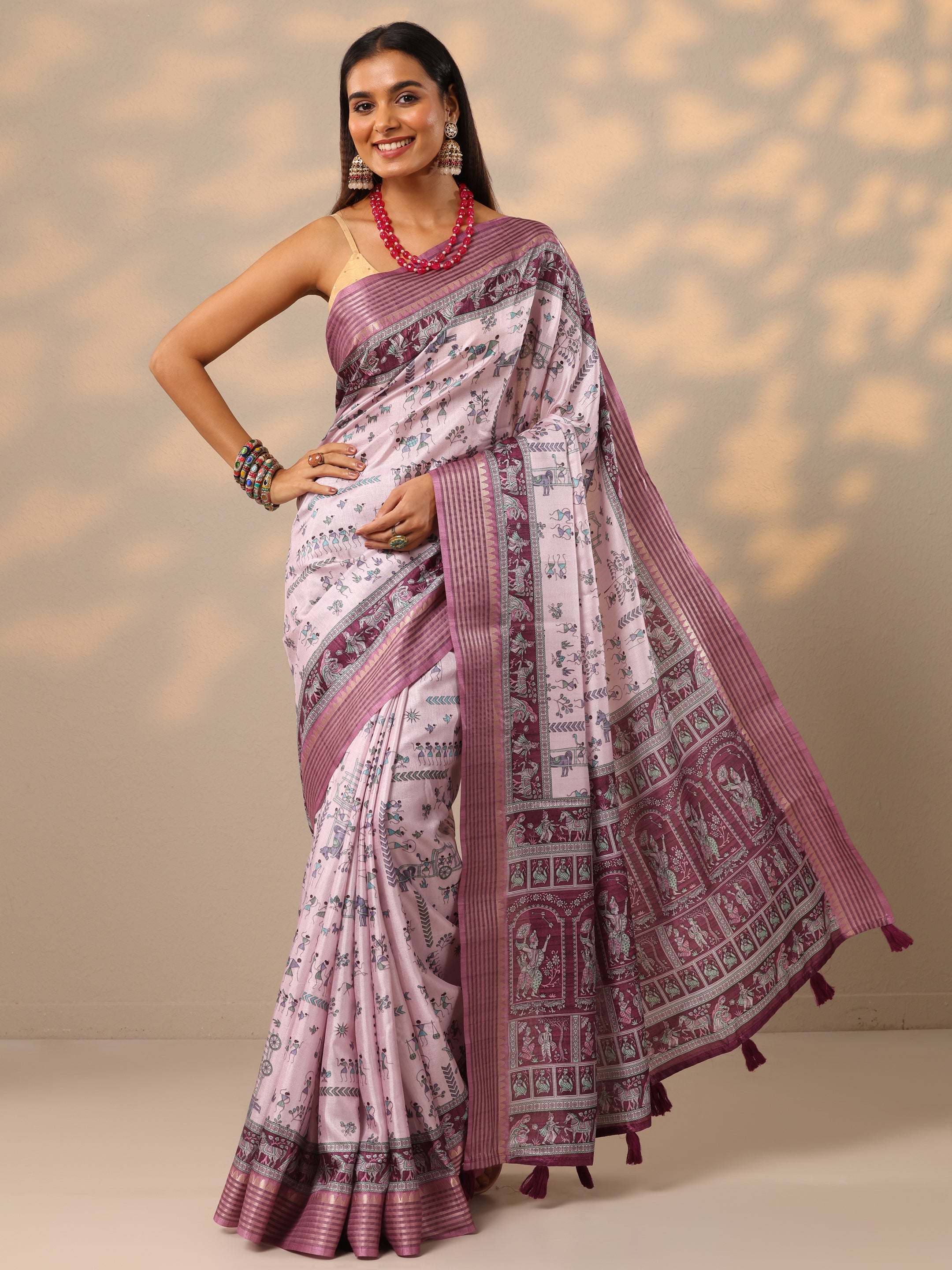 Pink Floral Printed Silk Blend Saree With Unstitched Blouse Piece