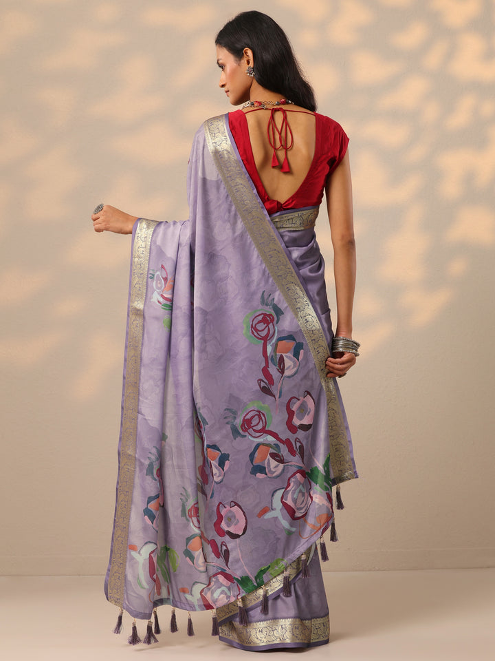 Lavender Printed Crepe Saree With Unstitched Blouse Piece