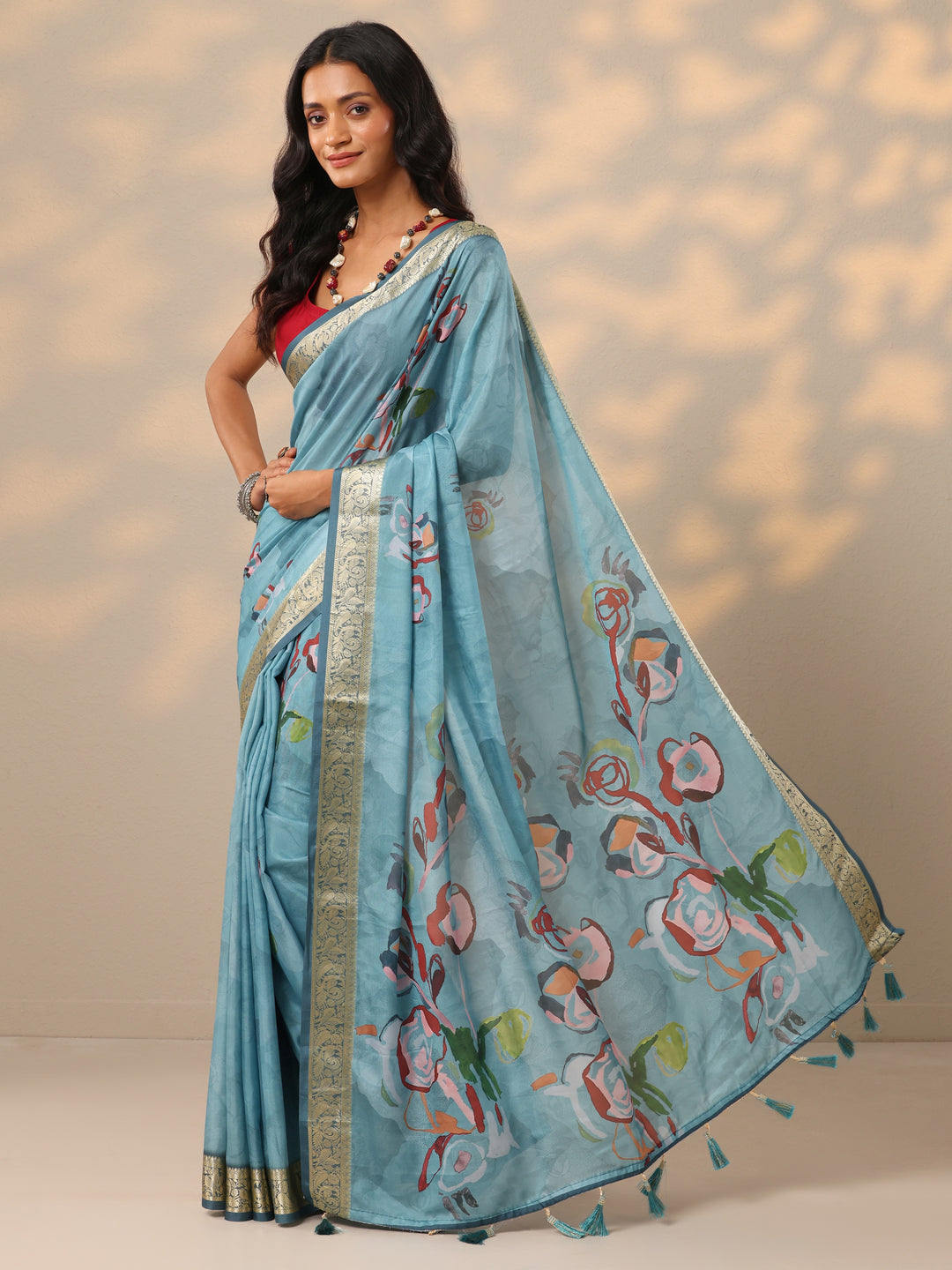 Blue Printed Crepe Saree With Unstitched Blouse Piece