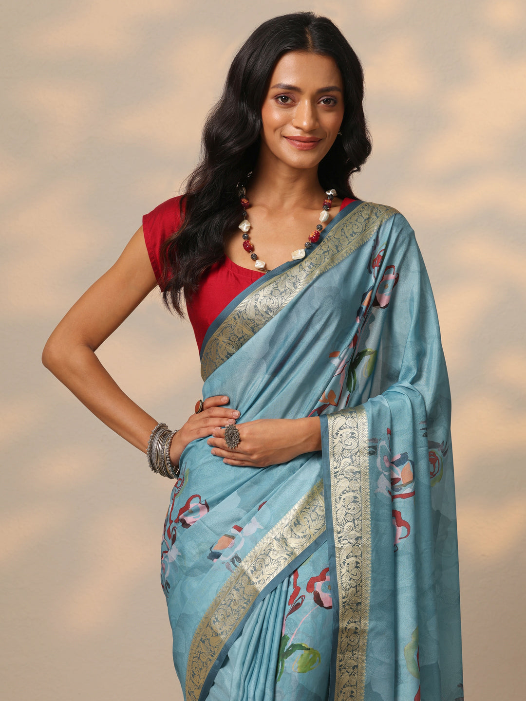 Blue Printed Crepe Saree With Unstitched Blouse Piece