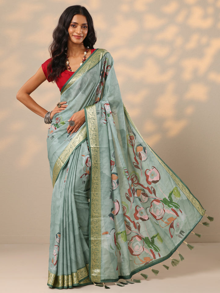 Green Printed Crepe Saree With Unstitched Blouse Piece