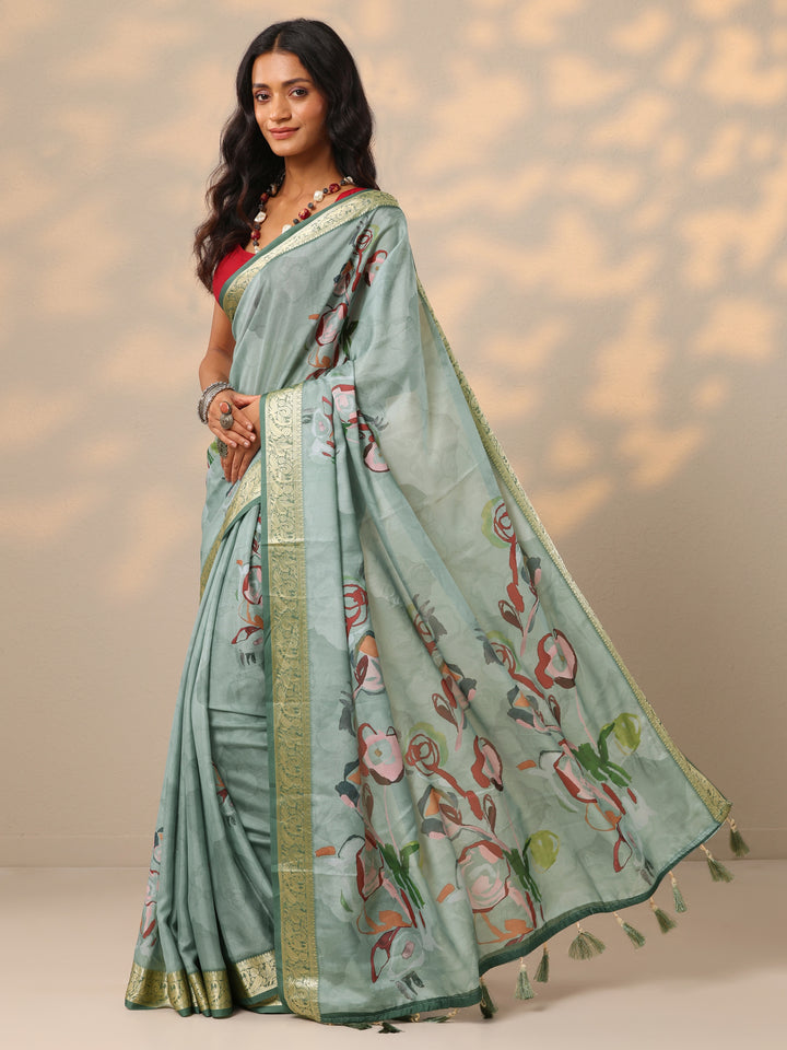 Green Printed Crepe Saree With Unstitched Blouse Piece