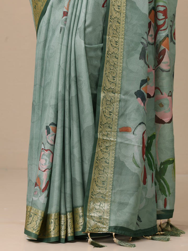 Green Printed Crepe Saree With Unstitched Blouse Piece
