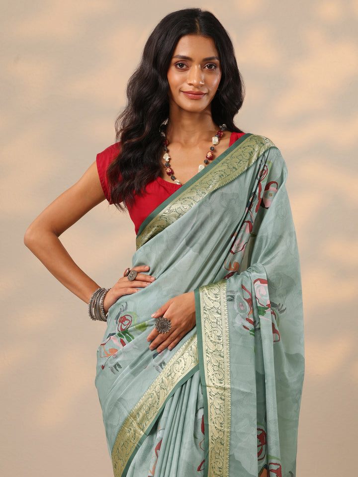 Green Printed Crepe Saree With Unstitched Blouse Piece