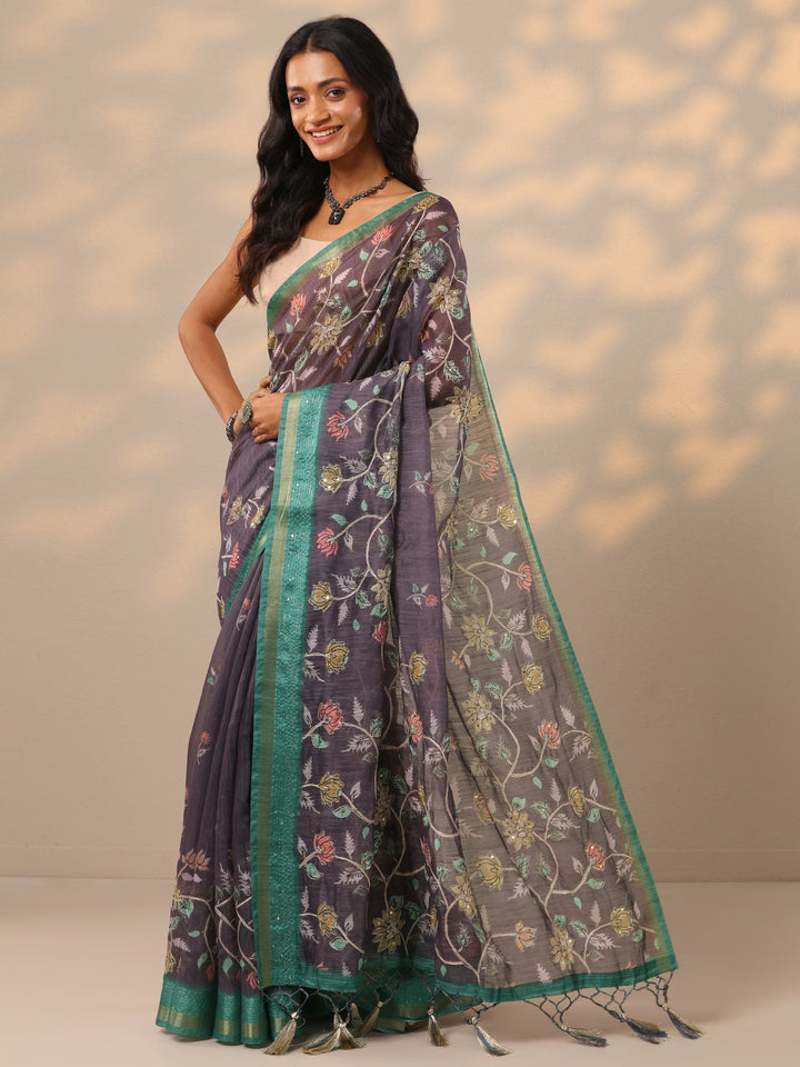 Purple Printed Cotton Blend Saree With Unstitched Blouse Piece