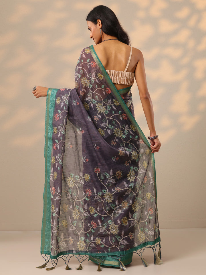 Purple Printed Cotton Blend Saree With Unstitched Blouse Piece