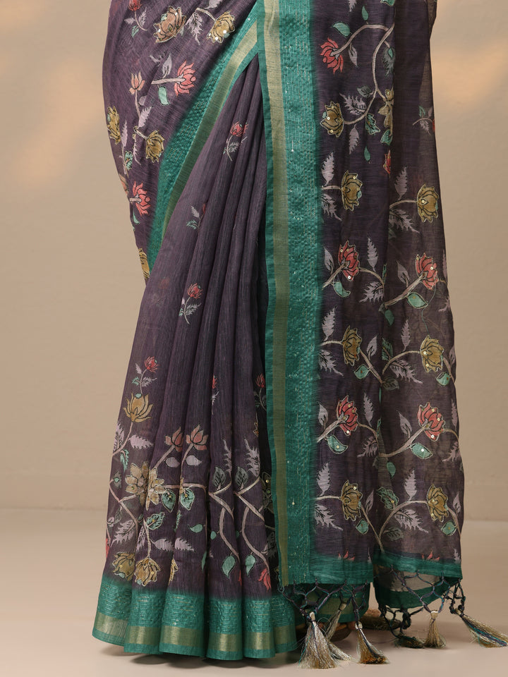 Purple Printed Cotton Blend Saree With Unstitched Blouse Piece