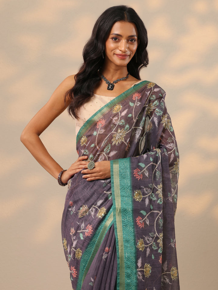 Purple Printed Cotton Blend Saree With Unstitched Blouse Piece