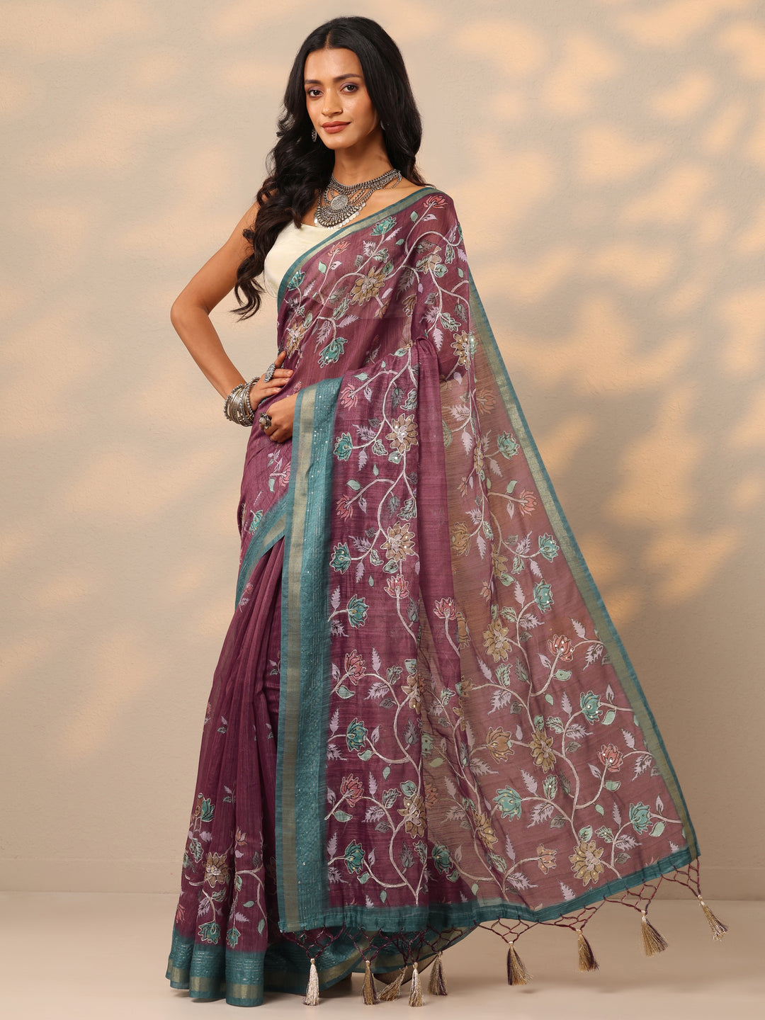 Burgundy Printed cotton blend Saree With Unstitched Blouse Piece
