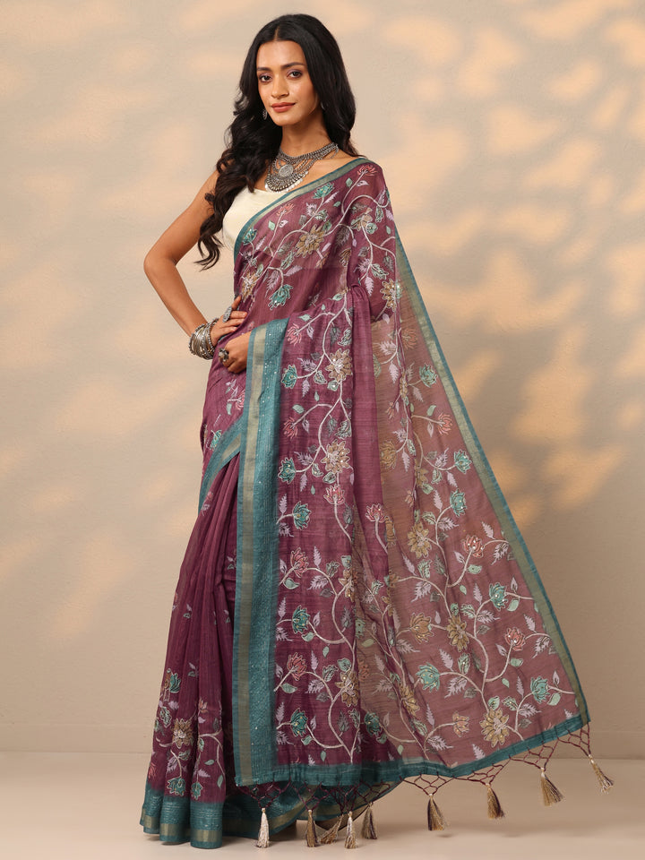 Burgundy Printed cotton blend Saree With Unstitched Blouse Piece