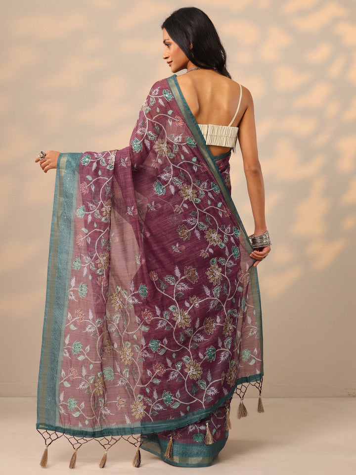 Burgundy Printed cotton blend Saree With Unstitched Blouse Piece