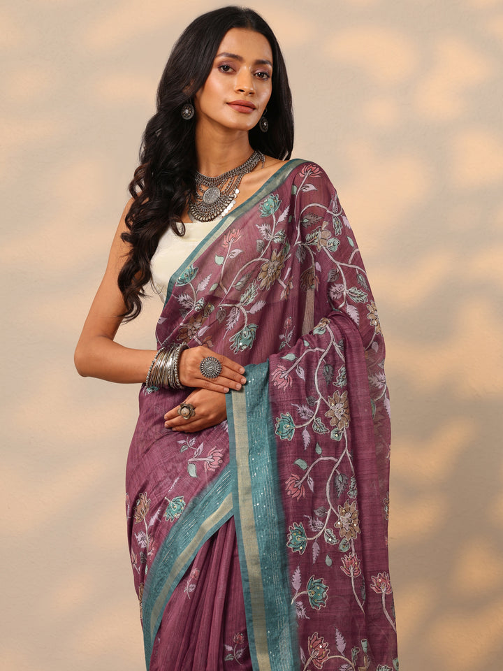 Burgundy Printed cotton blend Saree With Unstitched Blouse Piece