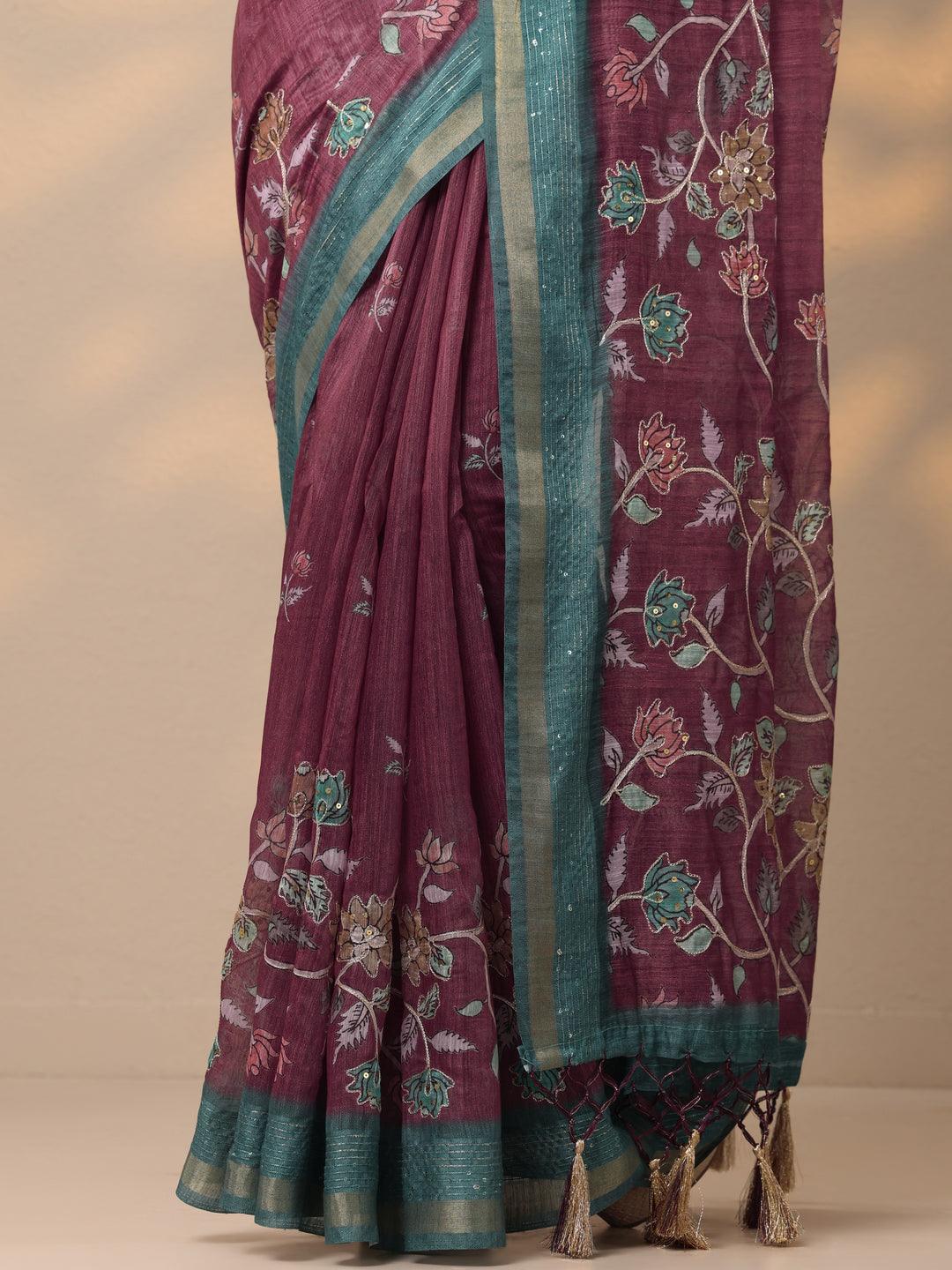 Burgundy Printed cotton blend Saree With Unstitched Blouse Piece