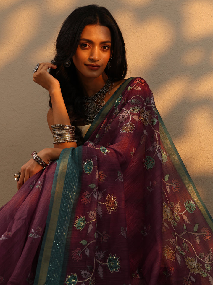Burgundy Printed cotton blend Saree With Unstitched Blouse Piece