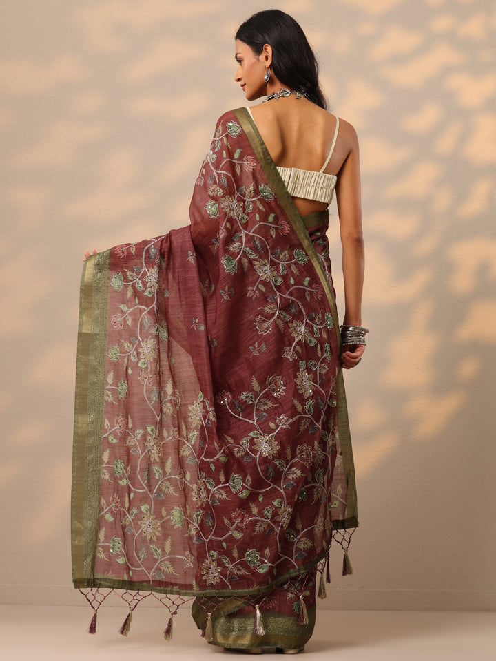Purple Printed cotton blend Saree With Unstitched Blouse Piece
