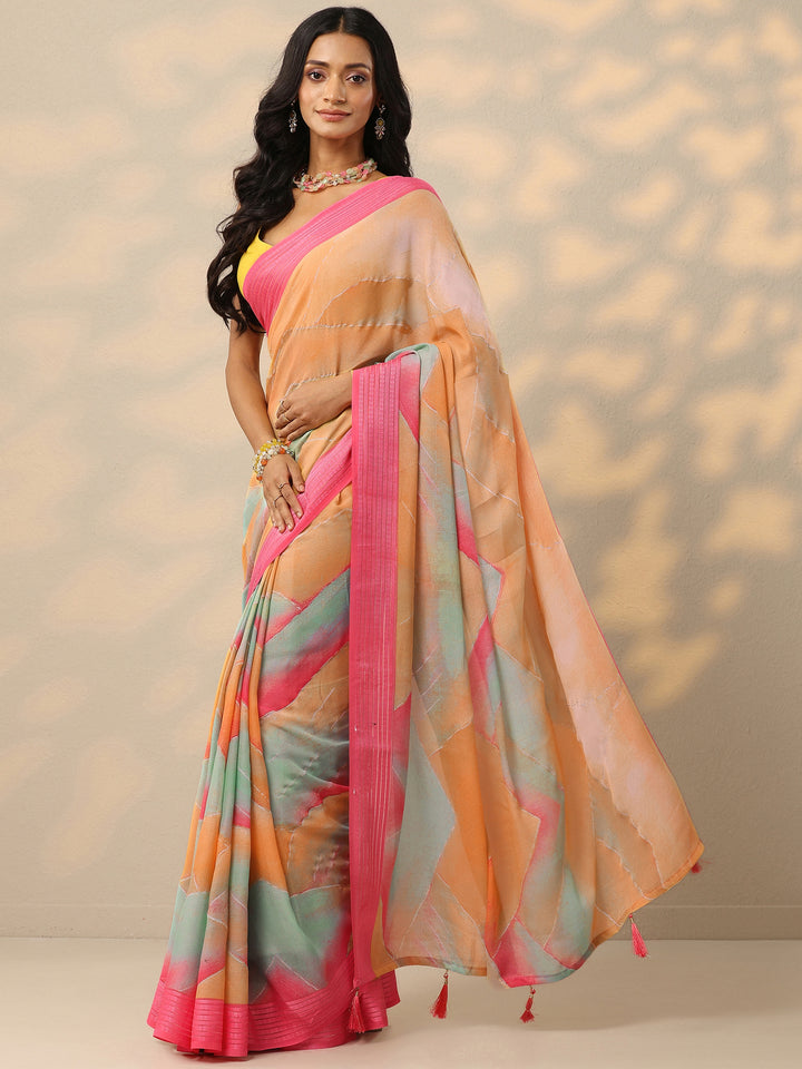Multi Solid Chinon Saree With Unstitched Blouse Piece