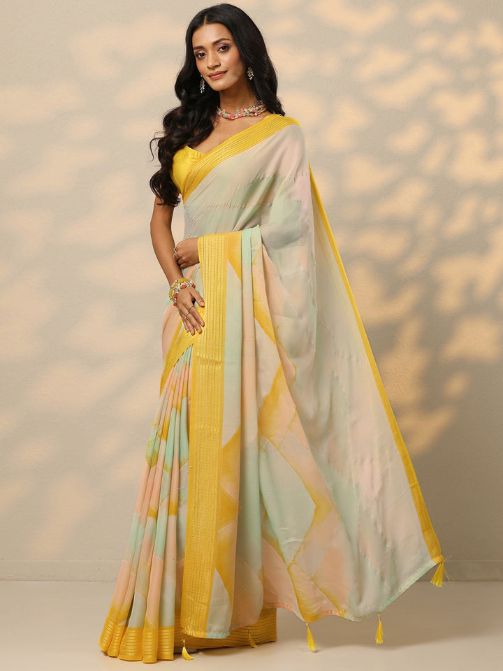 Multi Solid Chinon Saree With Unstitched Blouse Piece