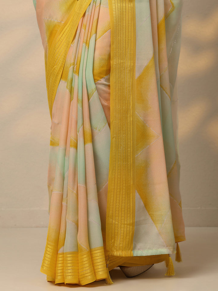 Multi Solid Chinon Saree With Unstitched Blouse Piece
