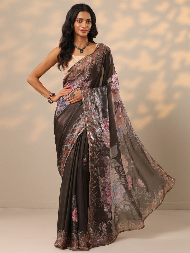 Black Printed Organza Saree With Unstitched Blouse Piece