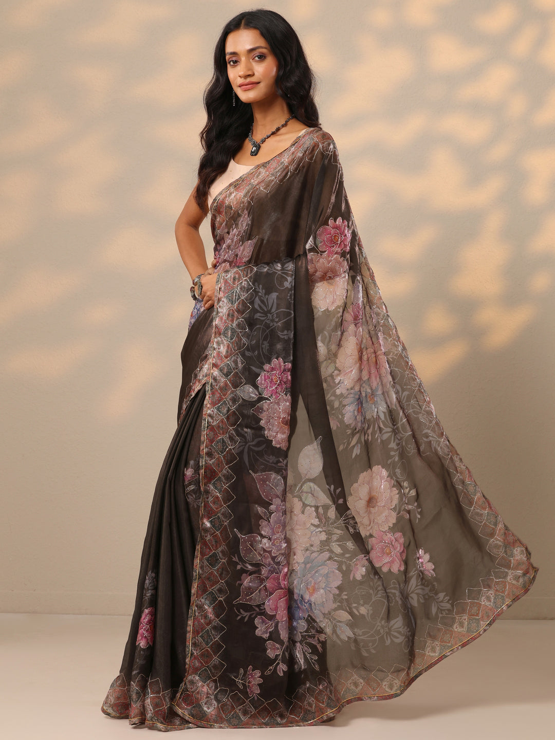 Black Printed Organza Saree With Unstitched Blouse Piece