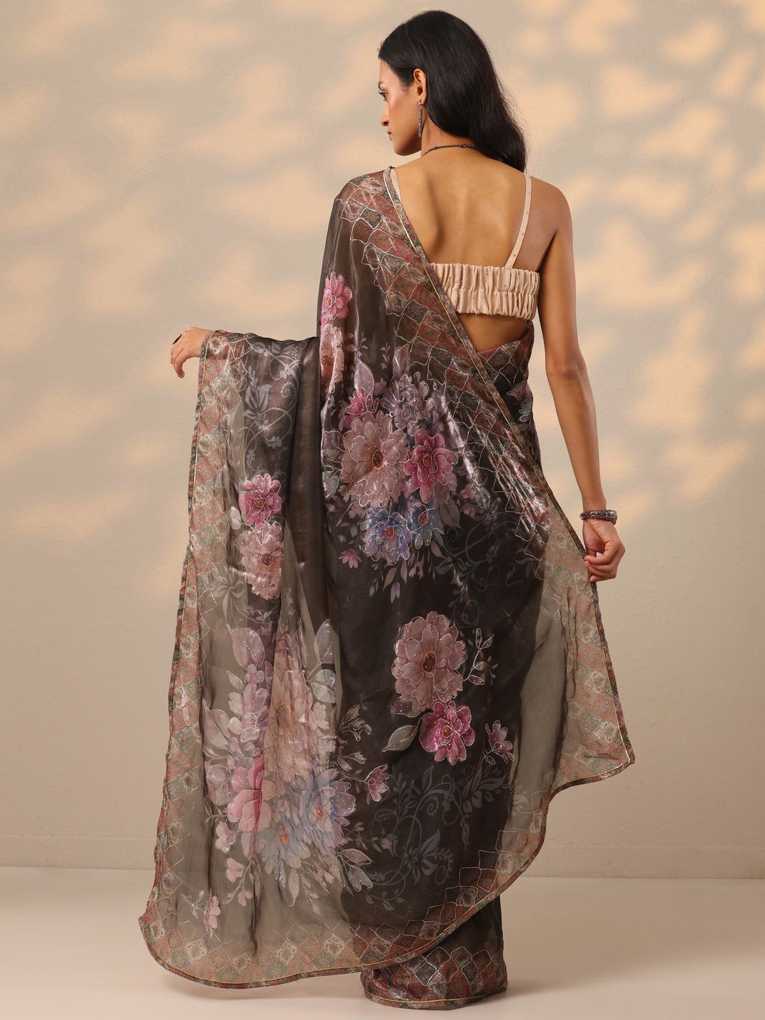 Black Printed Organza Saree With Unstitched Blouse Piece