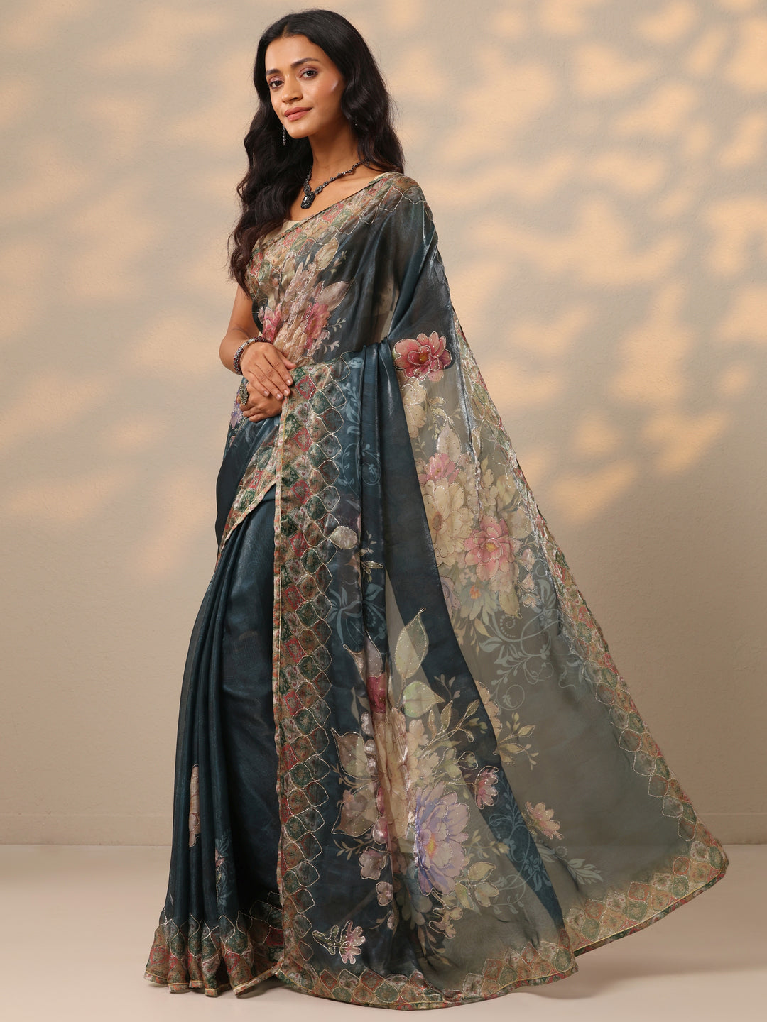 Blue Printed Organza Saree With Unstitched Blouse Piece