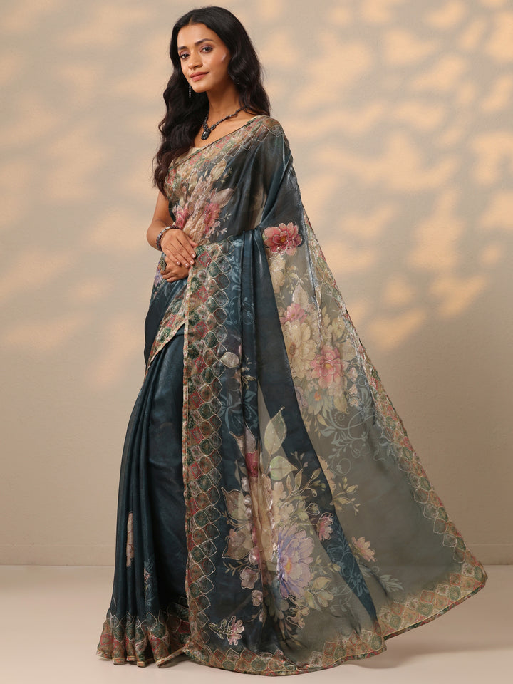 Blue Printed Organza Saree With Unstitched Blouse Piece