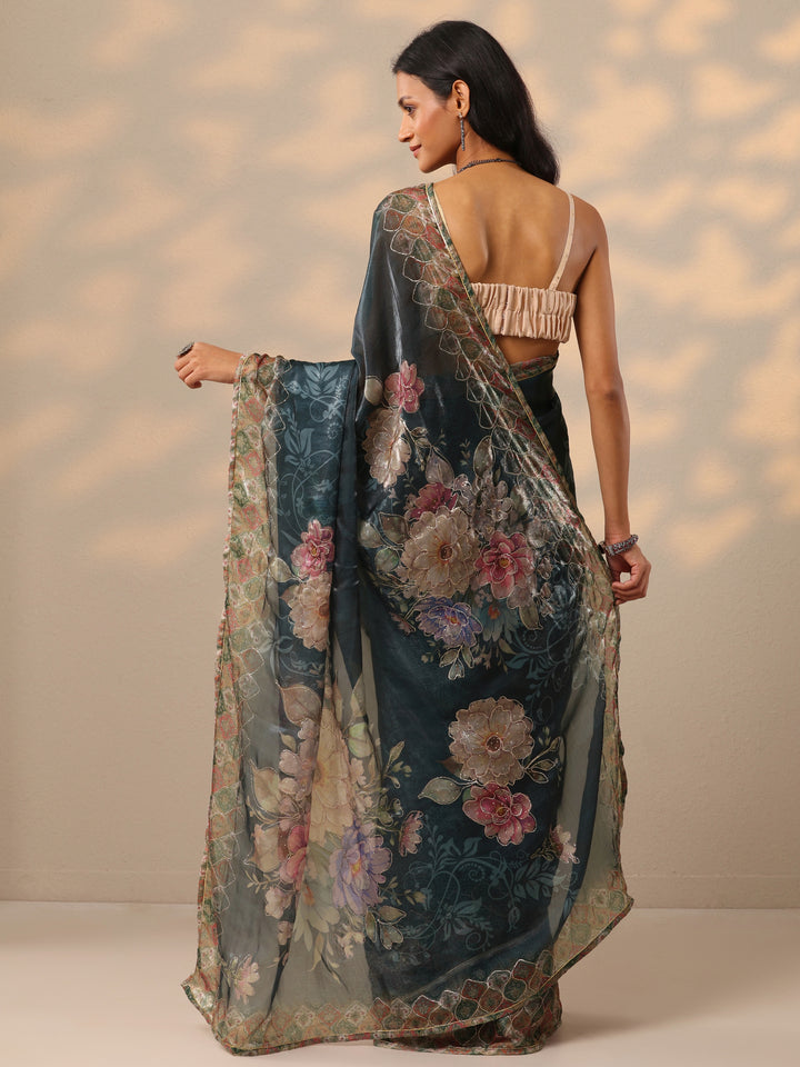 Blue Printed Organza Saree With Unstitched Blouse Piece