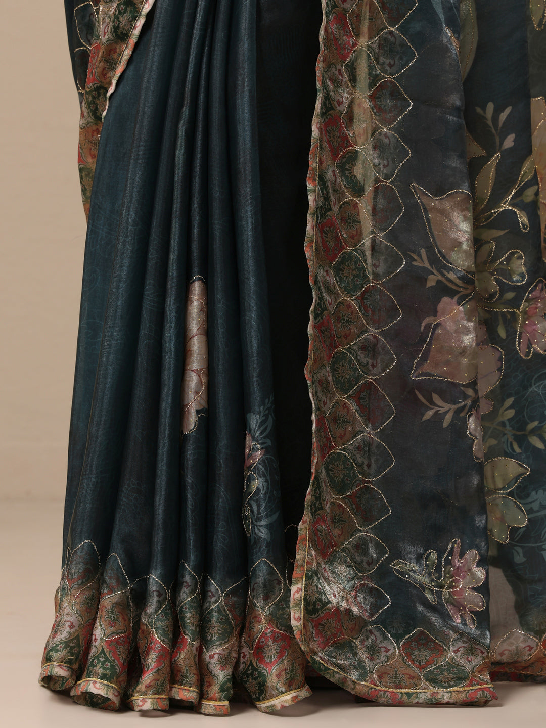Blue Printed Organza Saree With Unstitched Blouse Piece