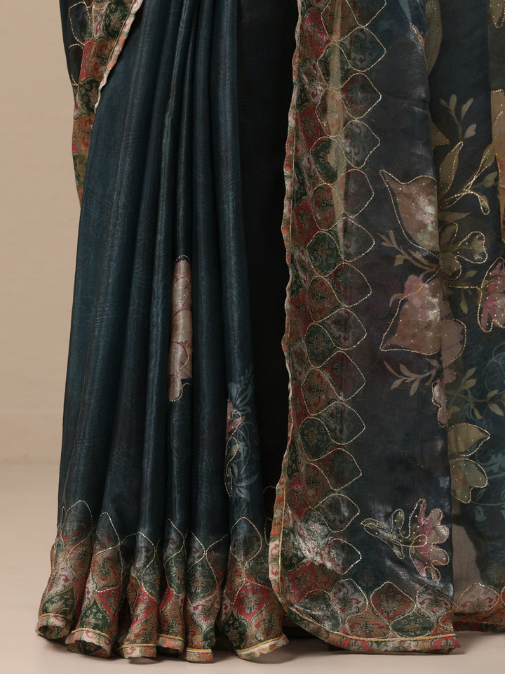 Blue Printed Organza Saree With Unstitched Blouse Piece
